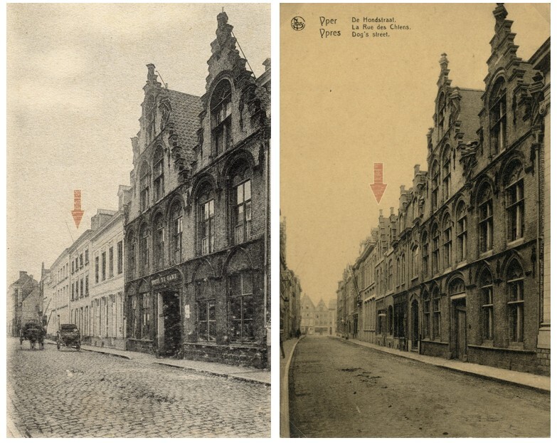 Zicht op de D&rsquo;hondtstraat voor (links) en na (rechts) de Eerste Wereldoorlog. 
