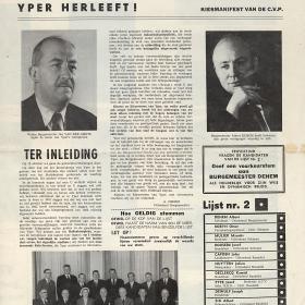 Burgemeester Albert Dehem roept op om opnieuw voor de C.V.P. te stemmen tijdens de gemeenteraadsverkiezingen van 12 oktober 1958.