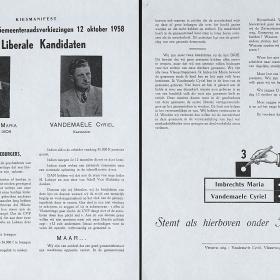 Kiespropaganda van de liberale kandidaten uit Vlamertinge voor de gemeenteraadsverkiezingen van 12 oktober 1958.