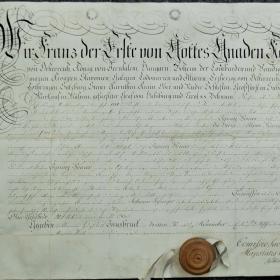 3 november 1820: Leenbrief door Keizer Franz I van Oostenrijk voor Ignaz Vonier, amman van Montafon, waarbij hij hem het graasrecht tijdens het zomerseizoen verleent op de Alpe Mareu in Arlberg (Tirol).
ZKA: Montafon 3/1.0 (Alpe Mareu): Doos 1 voor grote documenten