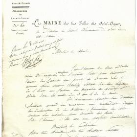 8 maart 1820: Brief door burgemeester Fid&egrave;le-Henri Le Sergeant de Bayenghem van Saint-Omer aan de plaatscommandant betreffende een schietincident nabij de Sint-Adriaanspoedertoren in de nacht van 3 op 4 maart.
Stadsarchieven van Saint-Omer, briefwisseling van de burgemeester, 1820