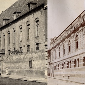 De bibliotheek van Saint-Omer voor en na de wederopbouw (tussen 1890 en 1900).

In de late 19de eeuw overwoog het gemeentebestuur van Saint-Omer om het oude jezuïetencollege, dat dateerde uit de 16de eeuw en sinds 1799 de bibliotheek huisvestte te herbouwen. De vervallen staat van het pand leidde tot regelmatige verzoeken om werkzaamheden uit te voeren, en zelfs om de bibliotheek te verplaatsen. Pas in 1891 besloot de gemeenteraad de werkzaamheden uit te voeren. Na de sloop van het oude college in 1893 ontwierp architect Ernest Decroix een gebouw met een gevel die natuursteen en rode baksteen harmonieus combineert, en die zowel de renaissance- als de 17de-eeuwse stijl suggereert. Het gebouw, gelegen in een onderwijswijk, omvatte zeven middelbare schoollokalen op de begane grond en de bibliotheek op de eerste verdieping. Het stadsarchief zou op de zolder worden ondergebracht. De bouwwerkzaamheden werden op 14 maart 1895 opgeleverd. Het archief, tevoren gehuisvest in het stadhuis, werd in 1898 naar de bibliotheek verhuisd, wat de wetenschappelijke identiteit van het gebouw versterkte.
