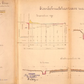 Technische tekening voor de aanleg van een weg naar het Transalpina station in Gorizia, 24 augustus 1907.
Archivio storico del Comune di Gorizia (1830-1956), box 1421, file 3076/I, document n. 7182/1